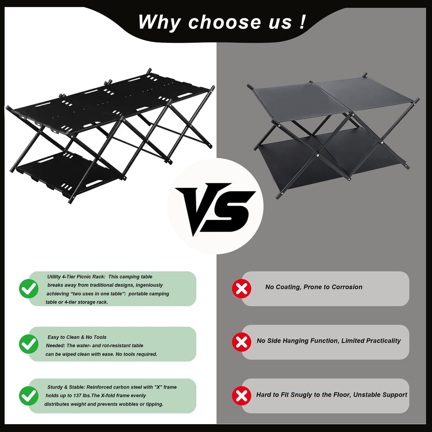 CGLRybO Folding Camping Table Portable Multi-Functional 4-Tier Picnic Rack Carbon Steel 37" with Storage Bag and 4 Hooks Indoor Outdoor, Heavy Duty, Portable, for Picnic, Party, Camping