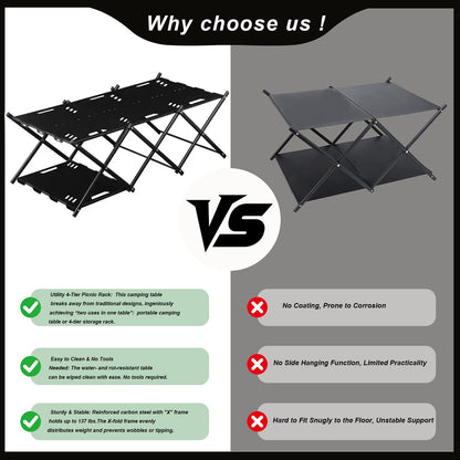 CGLRybO Folding Camping Table Portable Multi-Functional 4-Tier Picnic Rack Carbon Steel 37" with Storage Bag and 4 Hooks Indoor Outdoor, Heavy Duty, Portable, for Picnic, Party, Camping