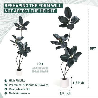 Yepdin Artificial Rubber Tree Plant -5FT Faux Plants Indoor with Planter,Tall Fake Trees Lifelike Branches & Foliage,Large Artificial Plants Indoor for Home Office Floor Patio
