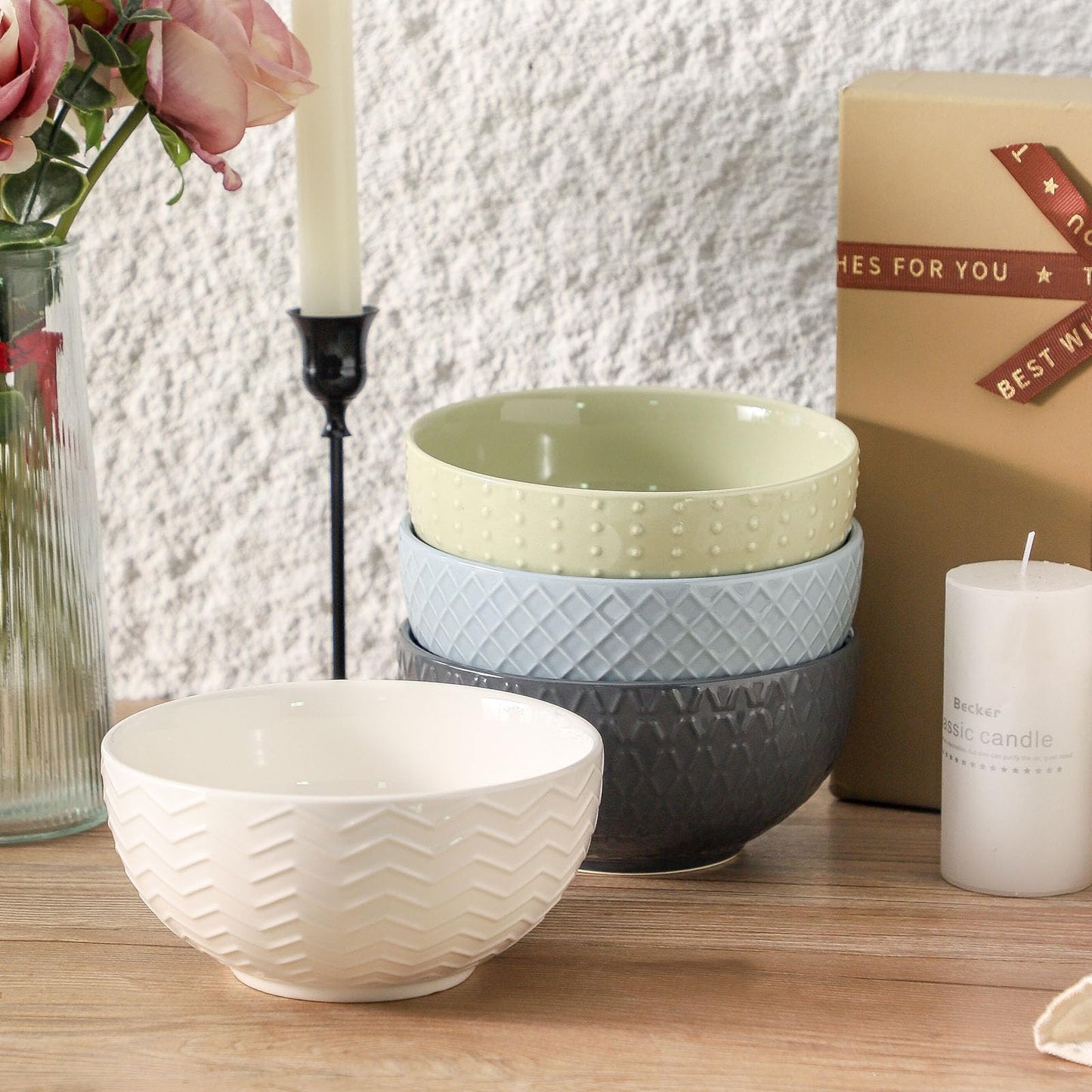 HASENSE Ceramic Cereal Bowls Set of 4, 26 OZ Soup Bowls, Embossed Stoneware Porcelain Bowls for Cereal, Soup, Oatmeal, Salad, Noodles & Rice, Microwave & Dishwasher Safe, Multi-Color