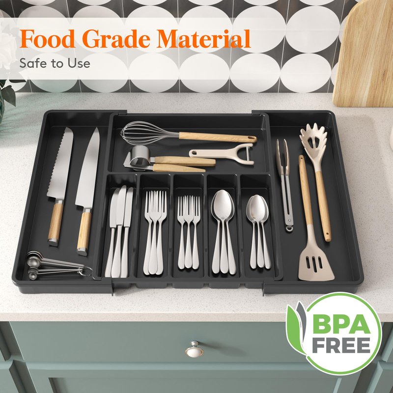 Lifewit Silverware Drawer Organizer, Expandable Utensil Tray for Kitchen, BPA Free Flatware and Cutlery Holder, Adjustable Plastic Storage for Spoons Forks Knives, 15- 27 x 18.5", Black