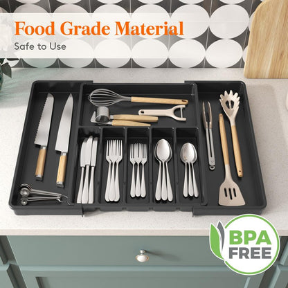 Lifewit Silverware Drawer Organizer, Expandable Utensil Tray for Kitchen, BPA Free Flatware and Cutlery Holder, Adjustable Plastic Storage for Spoons Forks Knives, 15- 27 x 18.5", Black