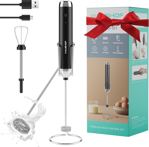 HAUSHOF Rechargeable Milk Frother Wand - Handheld Electric Foam Maker with 2 Whisks & Stand | Perfect for Lattes, Cappuccinos, Matcha