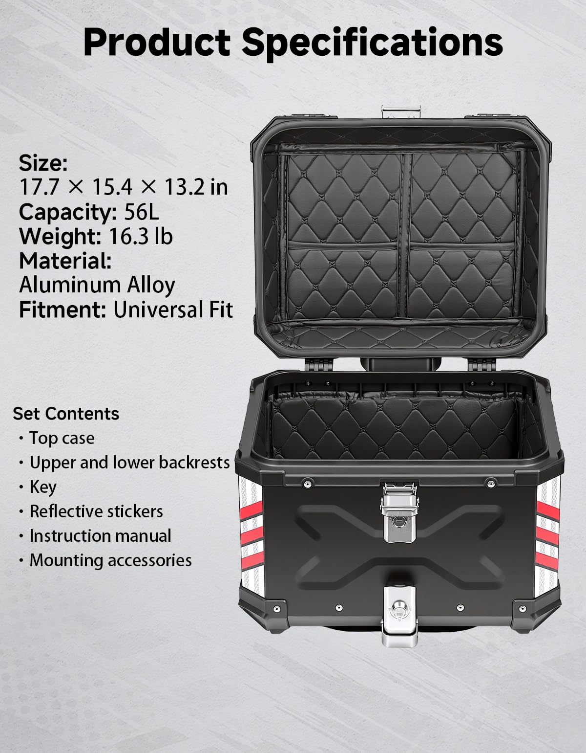 KEMIMOTO Motorcycle Top Case 56L, Universal Aluminum Alloy Motorbike Tail Box with Leather Lining, Waterproof Detachable Motorcycle Top Box with Lock & Back Cushion