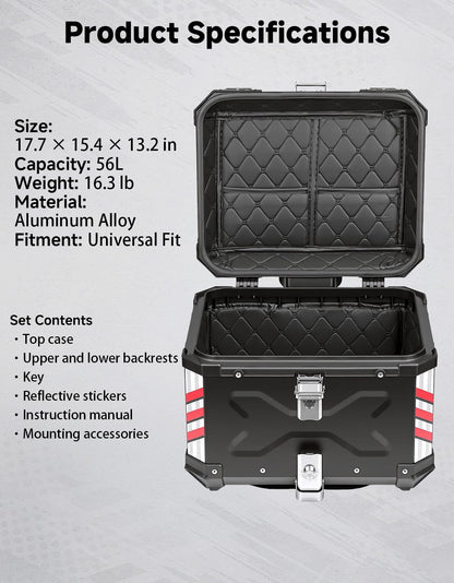 KEMIMOTO Motorcycle Top Case 56L, Universal Aluminum Alloy Motorbike Tail Box with Leather Lining, Waterproof Detachable Motorcycle Top Box with Lock & Back Cushion
