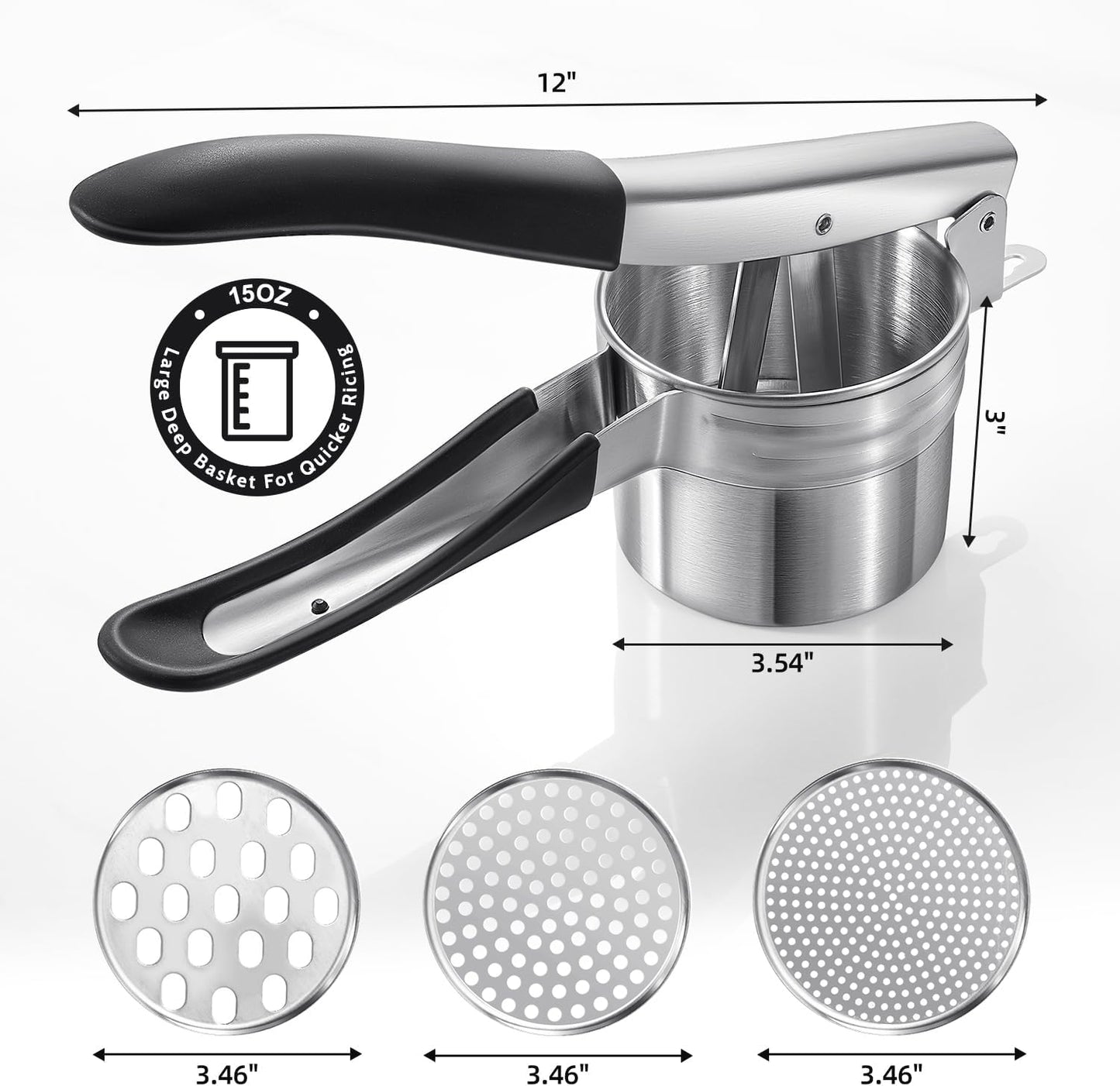 Sopito Stainless Steel Potato Ricer - Upgraded Masher with 3 Interchangeable Discs | Heavy-Duty Kitchen Tool