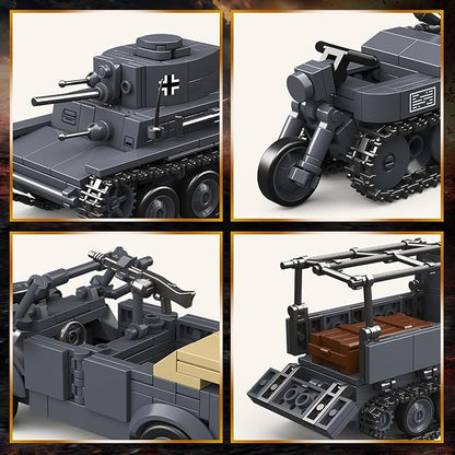 4 IN 1 WW2 Army Tanks Toy Building Block Set(1089 Pcs)Compatible with LegoCreate German 38T-A Light Tank&amp3 German Style Small Military Vehicles Models Great Military Toy Gift for Boy Age 6+ Year