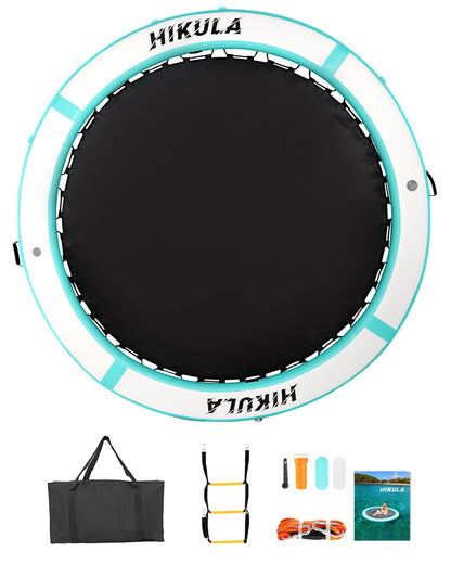 Inflatable Round Floating Ring - Water Hammock Dock, Sunmmer Mat Raft Platform, Heavy Duty Floats for Lake and Beach with Water Ladder and Cup Holder,Green-White/10FT