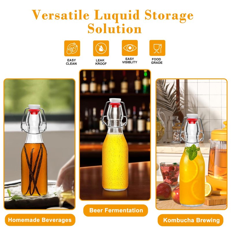 8oz Swing Top Glass Bottles - 12 Pack Flip Top Glass Bottle with Airtight Lid for Home Brewing, Fermentation, Beer, Vanilla Extract, Limoncelle, Kombucha, Kefir, Soda, Bonus Gaskets and Pourers