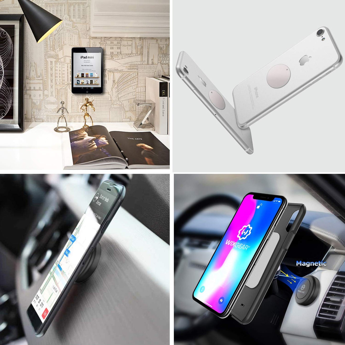 Mount Metal Plate with Adhesive for Magnetic Cradle-Less Mount by WixGear - X4 Pack 2 Rectangle and 2 Round (Compatible with Magnetic mounts) (Black)