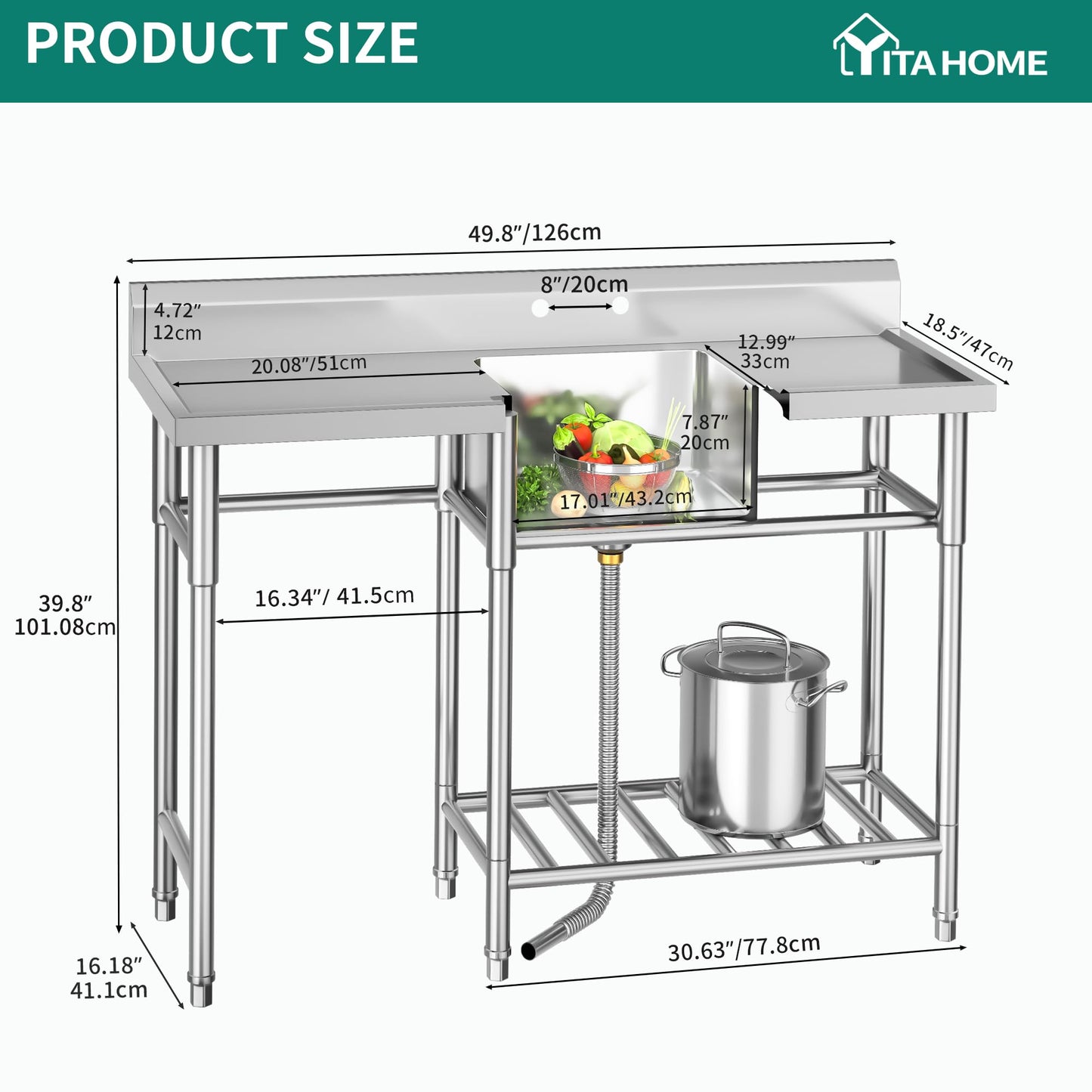 YITAHOME Stainless Steel Freestanding Utility Large Sink with 2 Drainboards & Cart Storage Space, Single Bowl NSF Commercial Prep Sink W/Storage Shelf for Restaurant, Laundry, Garage,Outdoor 50in