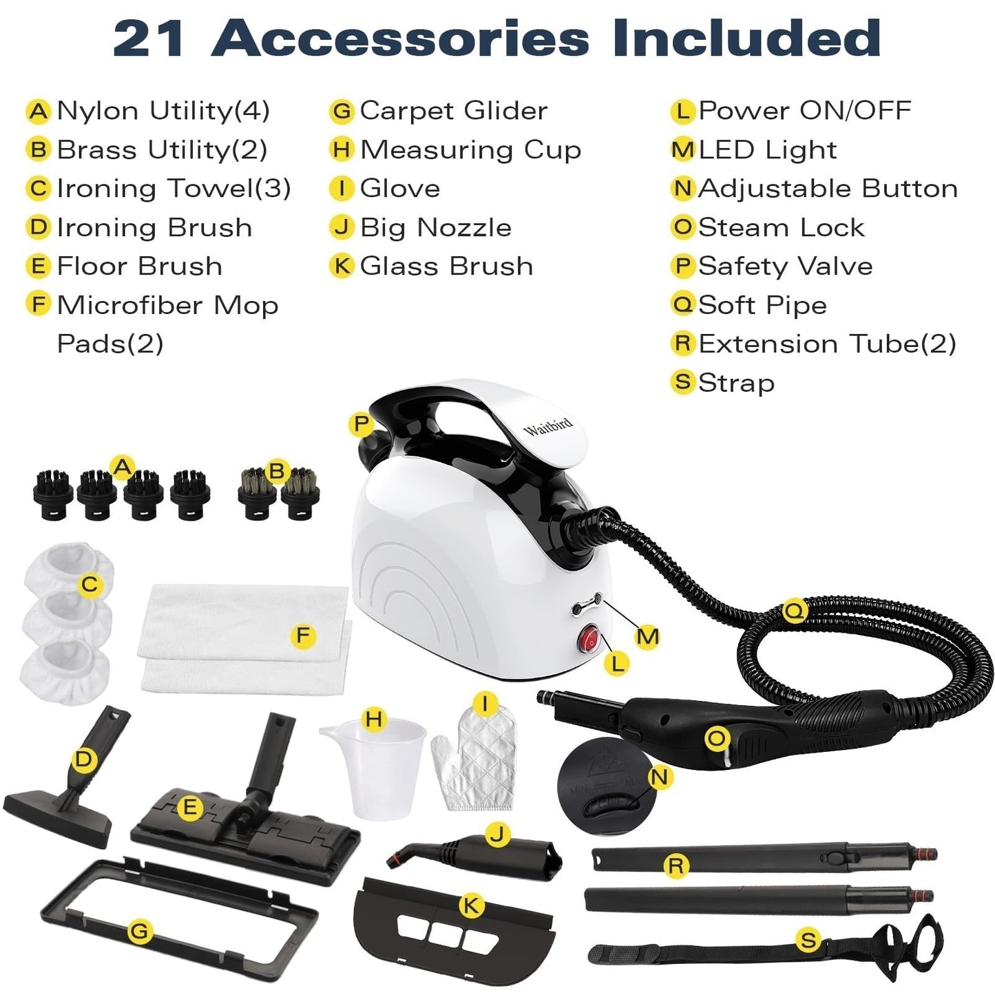 Waitbird 4.5 Bar High Pressure Steam Cleaner for Home, 248°F High Temp Handheld Steamer for Cleaning, 21-Piece Accessories Kit, Multi-Purpose Cleaner for Grease, Tile, Grout, Kitchen, Bathroom & Car