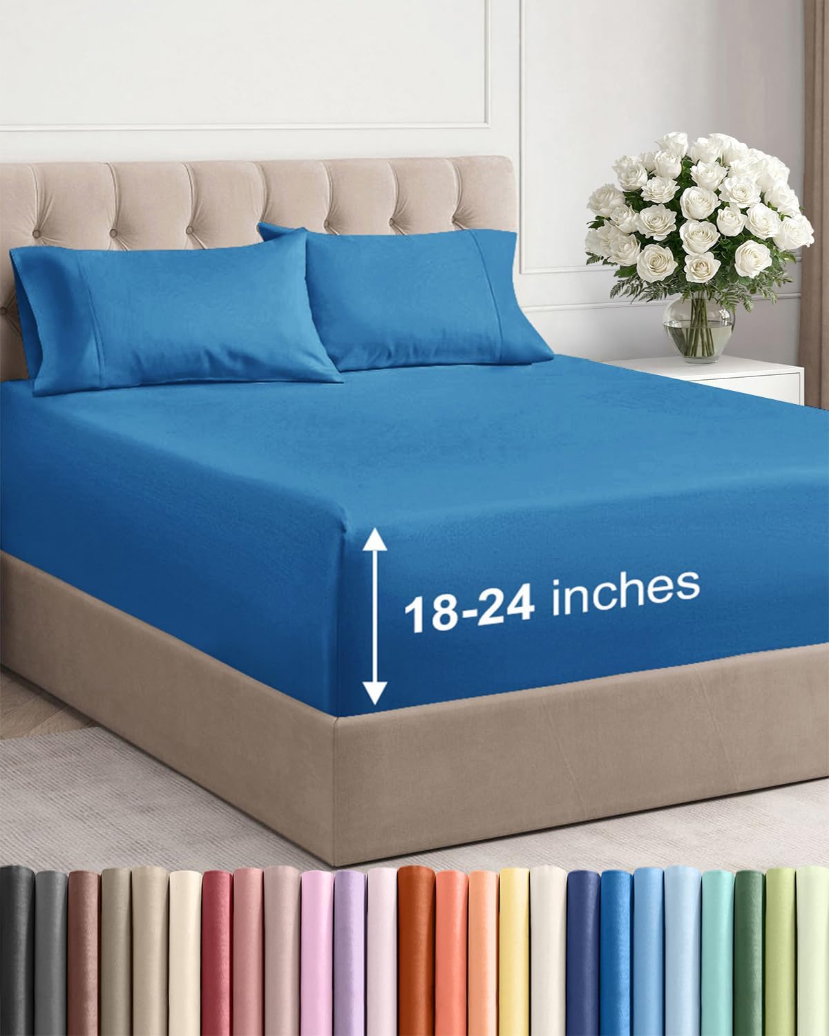 Skiennix Extra Deep Twin Sheet Set - 4-Piece Breathable Cooling Bedding - Soft, Wrinkle-Free Denim Blue