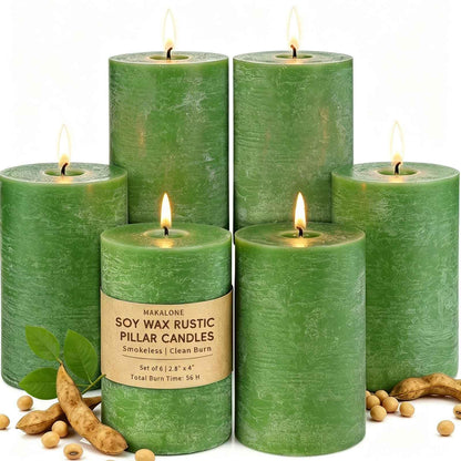 6 Pack Moss Green Soy Pillar Candles, 2.8x4in - 330H Total Burn Time - Rustic Textured Natural Wax - Non-Toxic, Dripless & Smokeless Hand-Poured Candles for Spring Home Decor, Dinner Table, Wedding