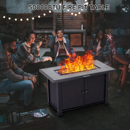 44" Propane Fire Pit Table, 50000BTU Rectangle Fire Table with Cover & Rain Cover, Sturdy Steel and Iron Fence Surface, CSA Safety Certified, Companion for Your Garden