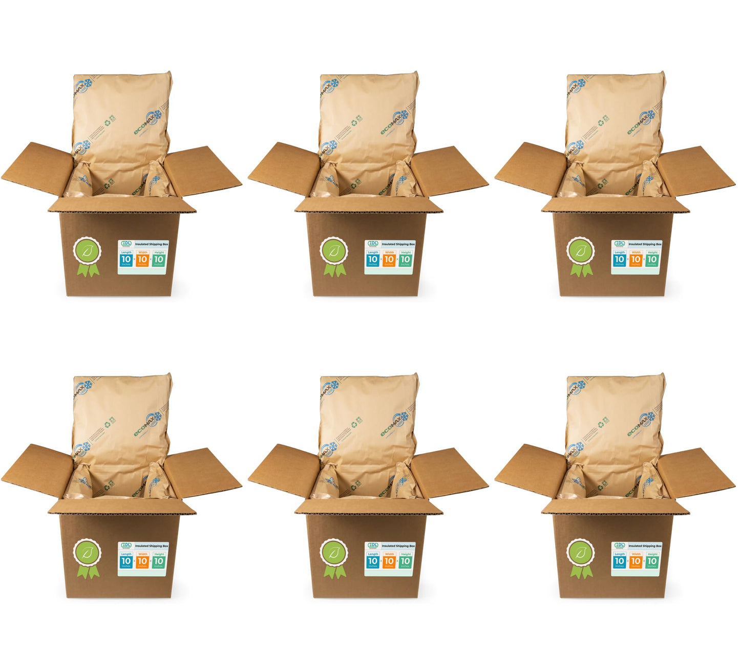 IDL Packaging 10" x 10" x 10" Insulated Shipping Box, 1.5-Gallon Capacity, Pack of 6 - Includes EcoMax™ Thermal-Paper Liners, Absorb Condensation - For Frozen Food, Meat, or Fish
