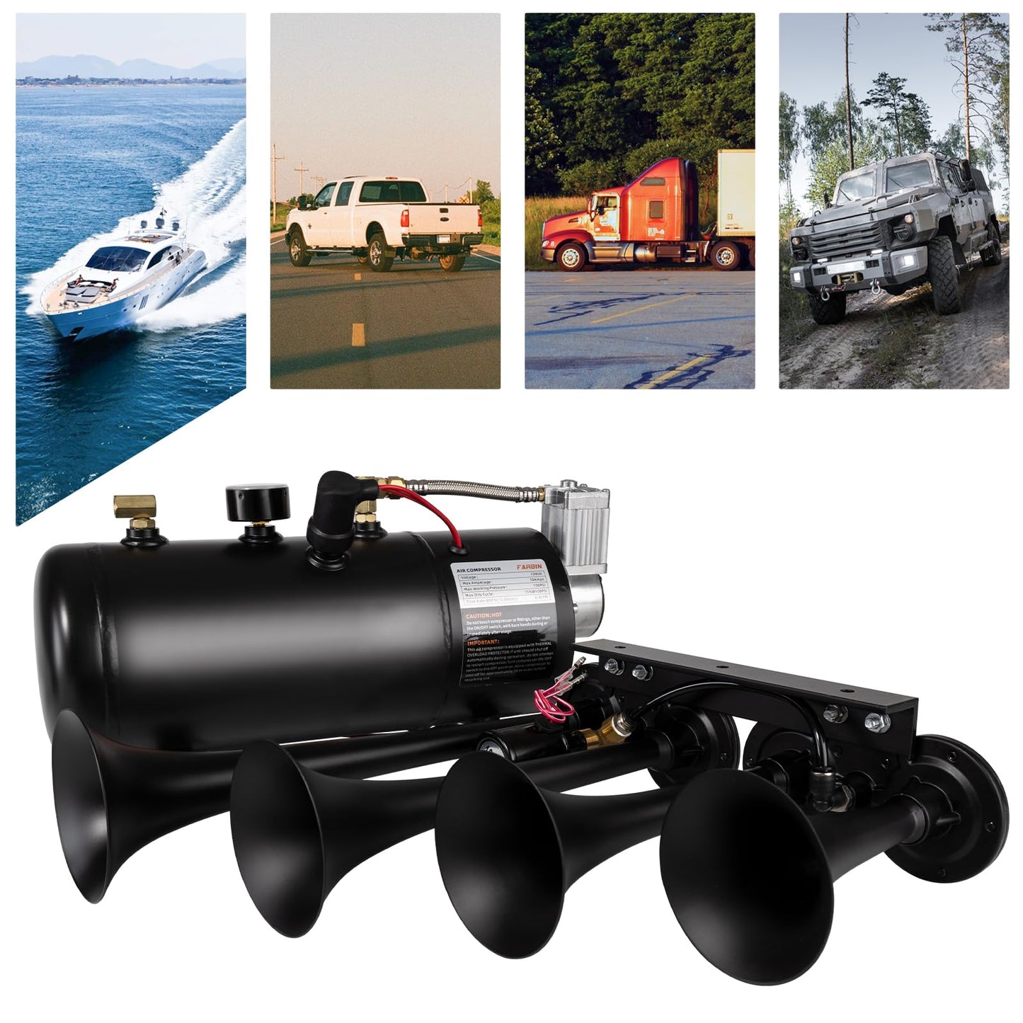 AOLIHAN Super Loud Train Horns Kit,180dB Four Trumpet Truck Horns with 150 PSI Air Tank,12V Air horn with 0.8 gallon Air Compressor Can for Truck, Jeep,Pickup,SUV (Black truck parallel horn kit)