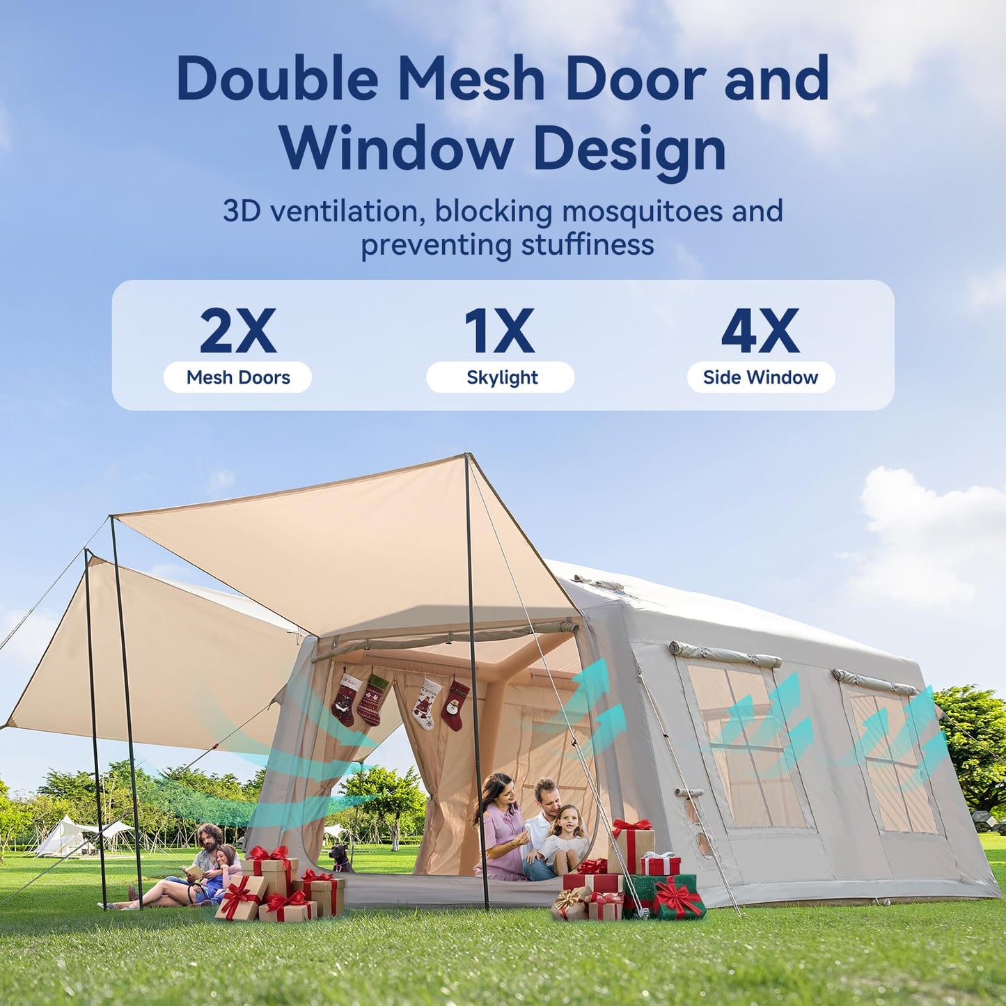 8-10 Person Inflatable Camping Tent with 2 Divider Rooms, Waterproof 300D Oxford Blow Up Hot Tent with Stove Jack, Awning & Skylight, Easy Setup Air Tent with Pump for Family Glamping