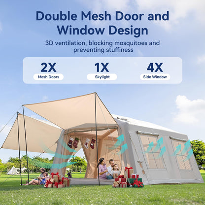 8-10 Person Inflatable Camping Tent with 2 Divider Rooms, Waterproof 300D Oxford Blow Up Hot Tent with Stove Jack, Awning & Skylight, Easy Setup Air Tent with Pump for Family Glamping