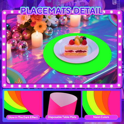 50 Pieces Neon Paper Placemats Glow in The Dark Disposable Table Mats for Neon Glow Party Birthday Decorations
