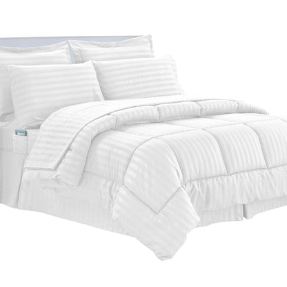 Elegant Comfort Cozy and Soft 8-Piece Bed-in-a-Bag All Season Comforter Set, Includes 4pc Smart Sheet Set, Bed Skirt, Comforter, Matching Pillowcases and Shams, Striped Design, King/Cal King, White