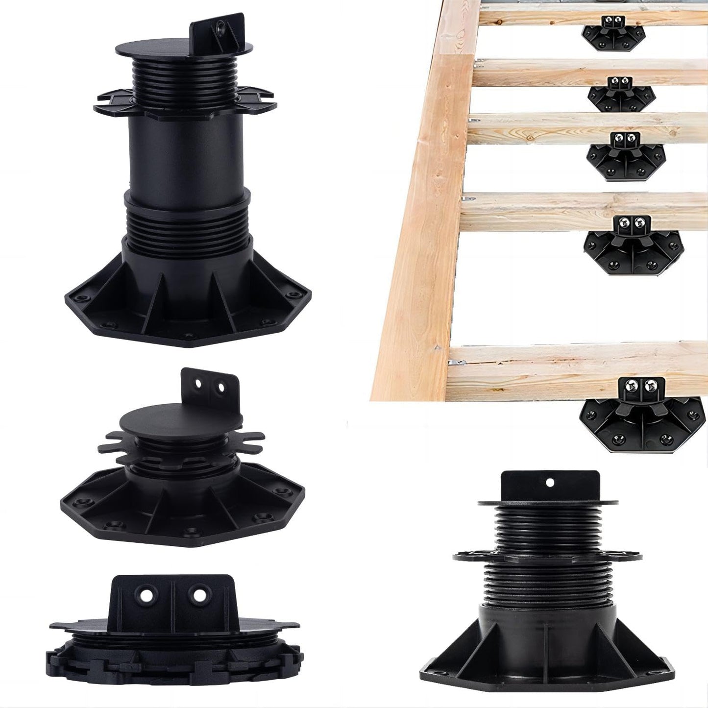 BGTLGIO 13Pack Adjustable Deck Support Pedestal Deck Foundation Base Support for Floating Deck Platform Deck Floor Height Adjustment Raising from 5.5"" to 8.7"", Black (Unilateral keel Slot 140-220)