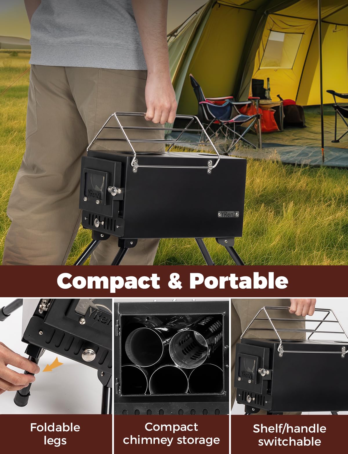 YRenZ Upgraded Hot Tent Stove – High-Temperature Wood Burning with 7-Section Roll-Edge Chimney, Reinforced Door Frame, Airtight Body & Tempered Glass – Portable for Camping, Ice Fishing, Hunting