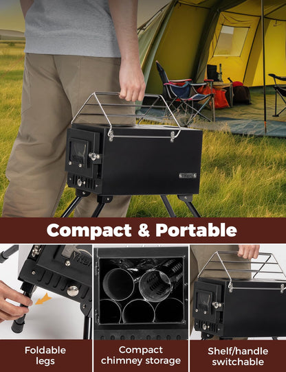 YRenZ Upgraded Hot Tent Stove – High-Temperature Wood Burning with 7-Section Roll-Edge Chimney, Reinforced Door Frame, Airtight Body & Tempered Glass – Portable for Camping, Ice Fishing, Hunting