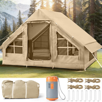 4-6 Person Inflatable Tents for Camping, Easy Blow Up Tent with Electric Pump, 4 Seasons Waterproof Air Inflatable Camping Tent House for Family Camping，Beige