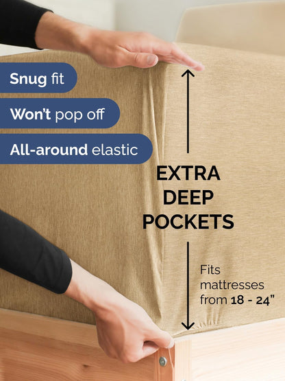 Skiennix Extra Deep King Sheet Set | 6-Piece Breathable Cooling Bedding - Soft, Wrinkle-Free, Heathered Tan
