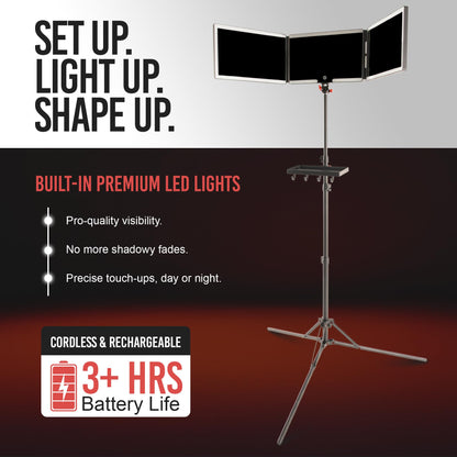 Self-Cut System Angel Lights Tripod - 3 Way Mirror for Self Hair Cutting - Includes Attachable Clipper & Trimmer Tray - Trifold Barber Mirror - Adjustable Height & Brightness - Travel-Friendly