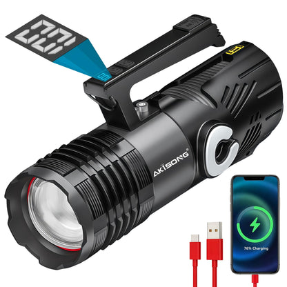 AKISONG Rechargeable XHP360 LED Spotlight Flashlight 18,000 High Lumens, 150W Ultra Bright Zoomable Searchlight with USB Output & Side Lamp, Waterproof Handheld Spotlight for Camping Hunting Emergency
