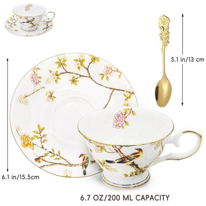 Keofoskv Tea Cups and Saucers, 7.5 OZ Floral Bone China Coffee Cup Set with Spoon, Vintage Garden Teacups with Gold Trim, Tea Cups in a Reusable Handmade Gift Box with Ribbon (Bourbon Rose 2)