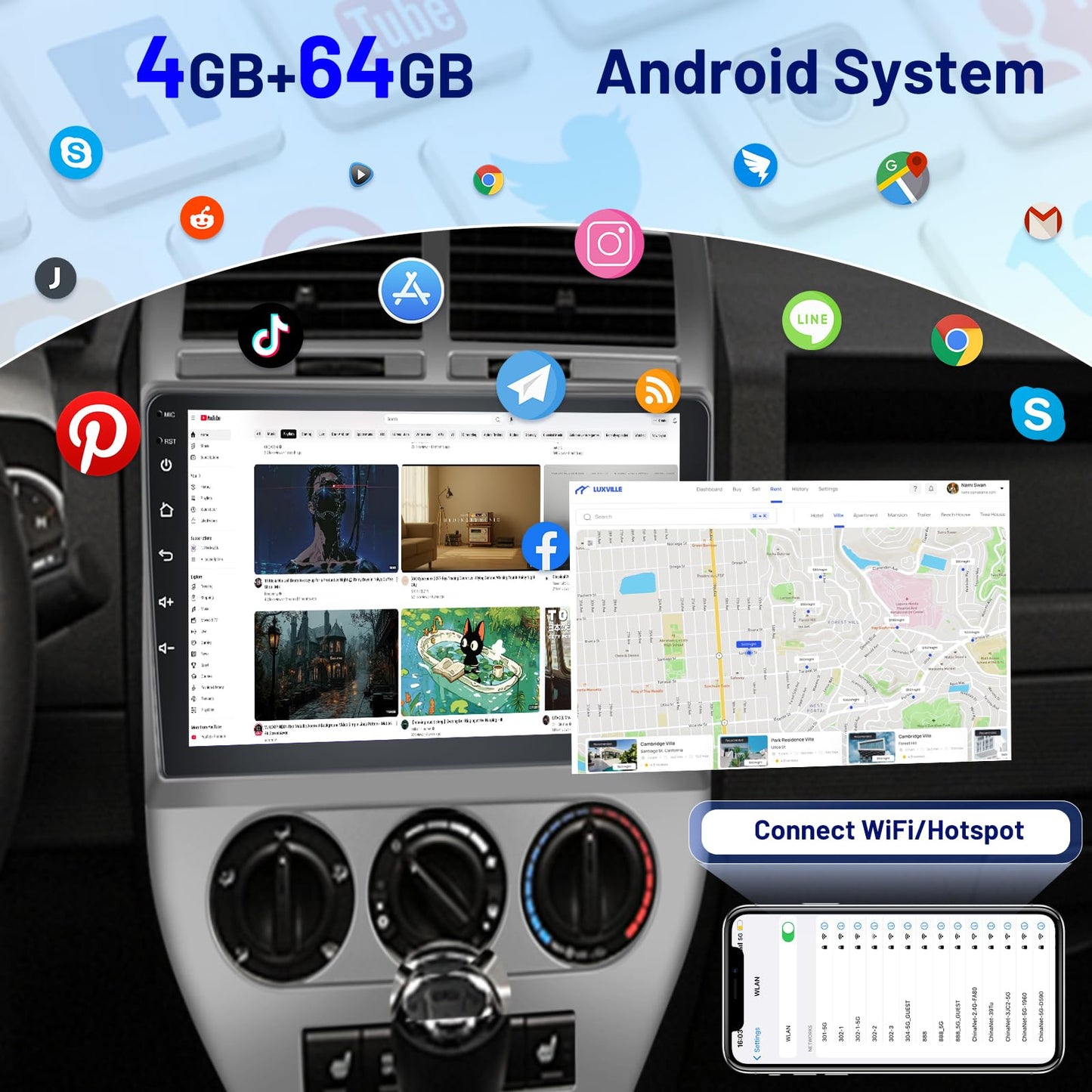 4G+64G Volxcereo Car Radio for Jeep Compass Patriot 2007 2008 2009, 10.1 inch Android Touchscreen Compass Stereo with Carplay/Android Auto, GPS Navigation, WiFi, Bluetooth, SWC, FM/RDS