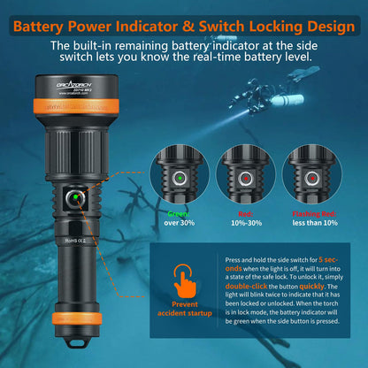 ORCATORCH ZD710 MK2 2-in-1 Zoomable Dive Light, 4-72 Degrees Adjustable Beam Scuba Diving Flashlight with 4 Modes, 920m Long Range, IP68 Waterproof Submersible Torch for Under Water Deep Sea Cave