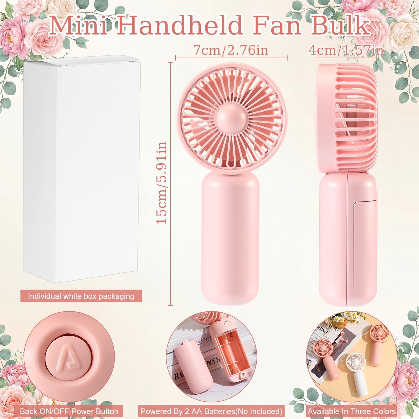 Woanger 100 Pcs Mini Fans Portable Handheld Fan Bulk Battery Operated Personal Small Fans Powerful Eyelash Hand Held Fan for Wedding Summer Travel Camping, Not Included AA Battery (White,Pink)