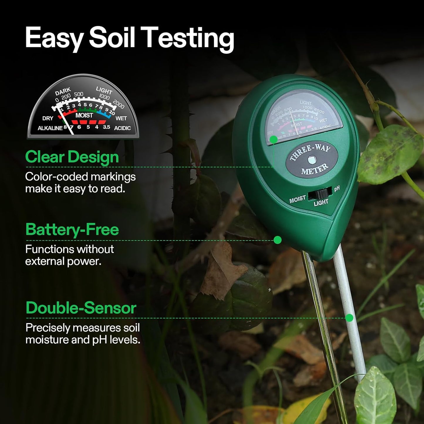 VIVOSUN Digital pH Meter - 3-in-1 TDS, EC & Temperature Tester for Home & Garden | Soil Moisture & Light