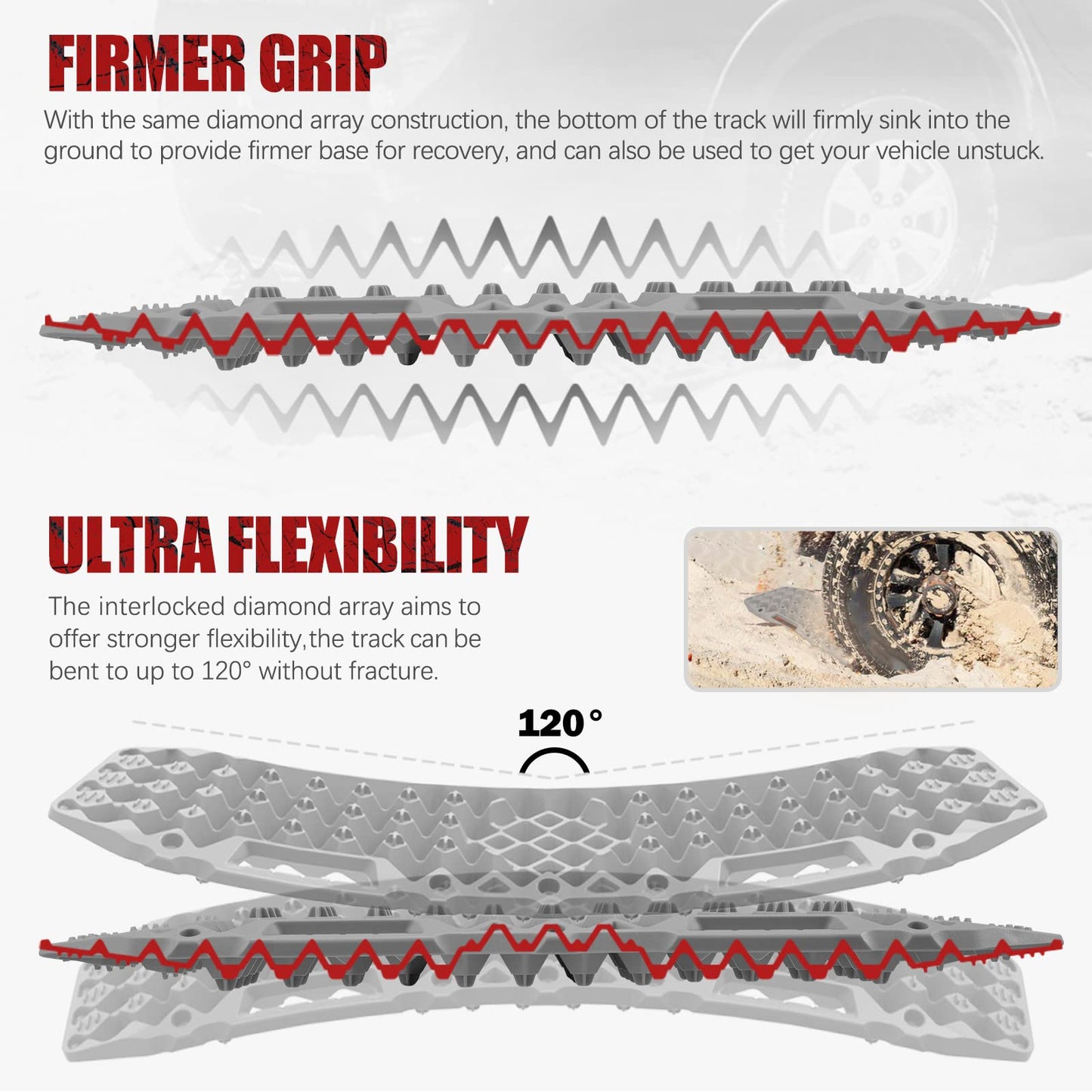 BUNKER INDUST Off Road Traction Boards (Gen 10) Grey + 1"×30ft Kinetic Recovery Rope with 2 Soft Shackles Kit