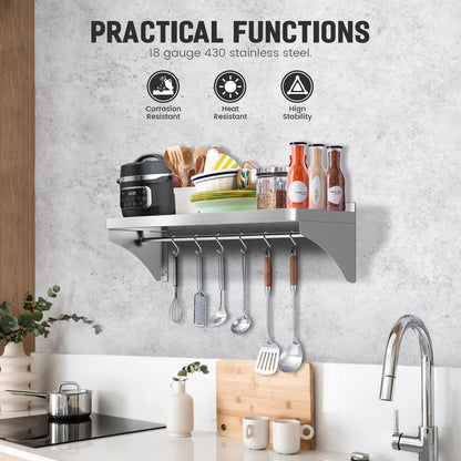 VENFAN Commercial Stainless Steel Shelf 36" x 12" - 250lb Load Capacity, Heavy Duty Stainless Steel Wall Mounted Kitchen Shelf with Backsplash & 6 Hooks for Restaurant, Laundry