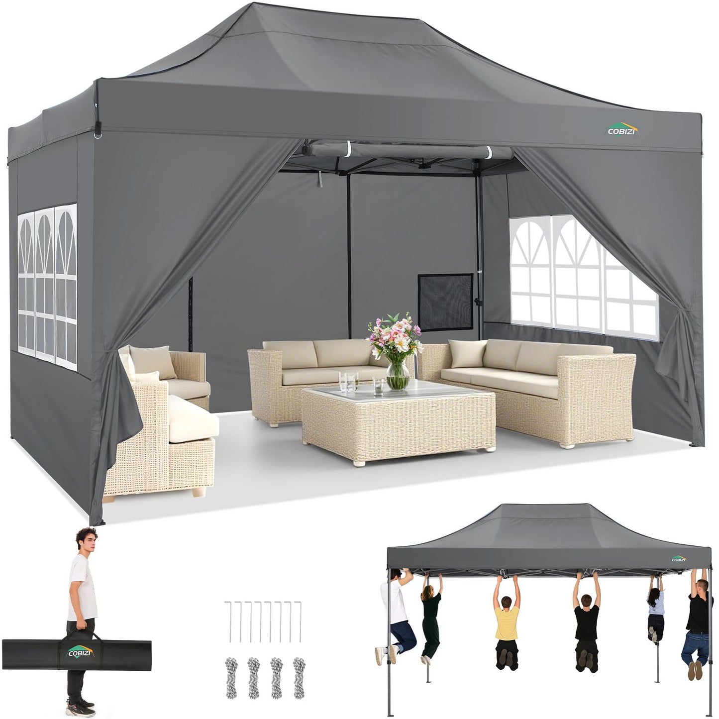 COBIZI 10x15 Heavy Duty Pop Up Canopy Tent with 4 Sidewalls Thicken Frame, Commercial Easy Up Outdoor Wedding Party Tents, All Season Waterproof Windproof with Stakes Sandbags Ropes Bag, Gray