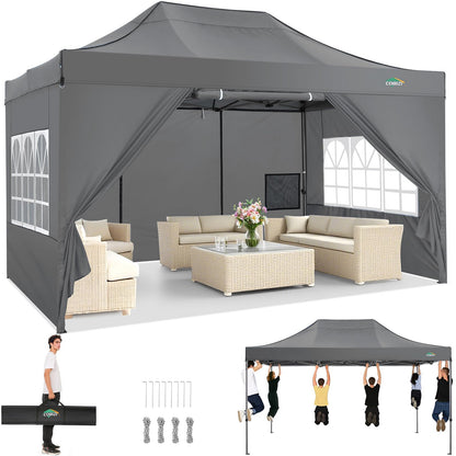 COBIZI 10x15 Heavy Duty Pop Up Canopy Tent with 4 Sidewalls Thicken Frame, Commercial Easy Up Outdoor Wedding Party Tents, All Season Waterproof Windproof with Stakes Sandbags Ropes Bag, Gray
