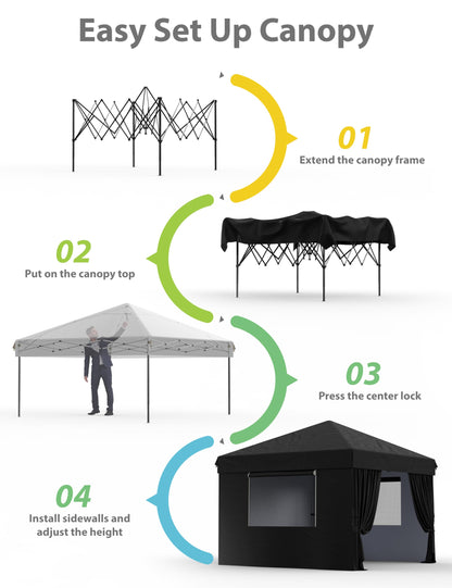 10'x10' Pop up Canopy Tent with 210 D Oxford Fabric, Portable Instant Commercial Canopy Including 4Pcs Sidewalls 4 Stakes 4 Ropes 4 Sandbags for Farmers' Market, Patio, Outdoor, Camping-Black