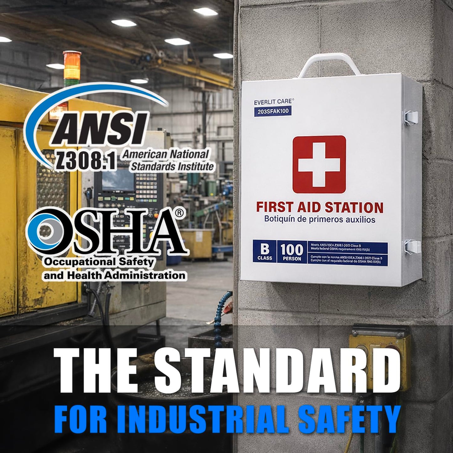 EVERLIT CARE 3-Shelf OSHA-Compliant First Aid Kit, ANSI Class B+ 100 Person Emergency First Aid Cabinet for Business, Job Site, Industrial Manufacturing Facility, Restaurant, and Kitchen