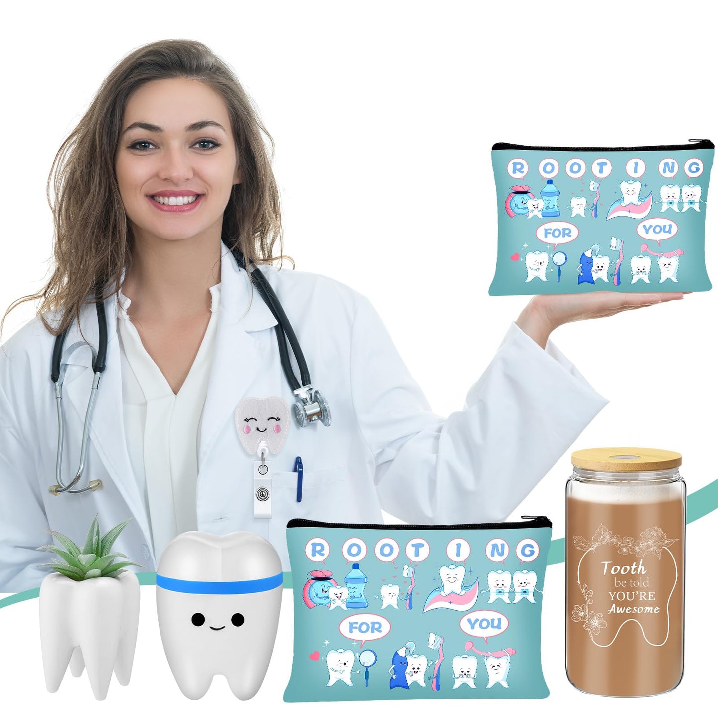 Pickmesh 6 Pcs Nurse Week Appreciation Gifts Dentist Hygienist Gifts 16 oz Glass Cups with Lid Makeup Bag Socks Badge Holder Tooth Brush Pot for Women Doctor Nurse Appreciation Accessories(Blue)