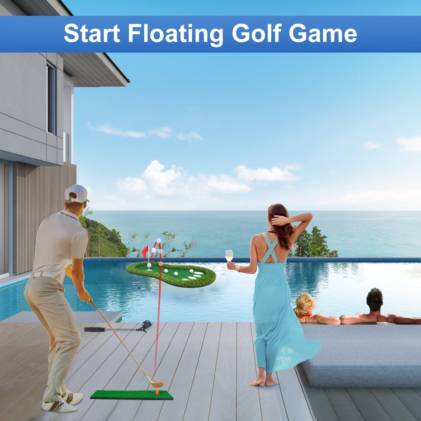 Sagsewful Floating Golf Green for Pool, Floating Chipping Green Mat with Ball Retriever for Pool/Lake, No Drifting Floating Golf Putting Turf Game Set for Golfers