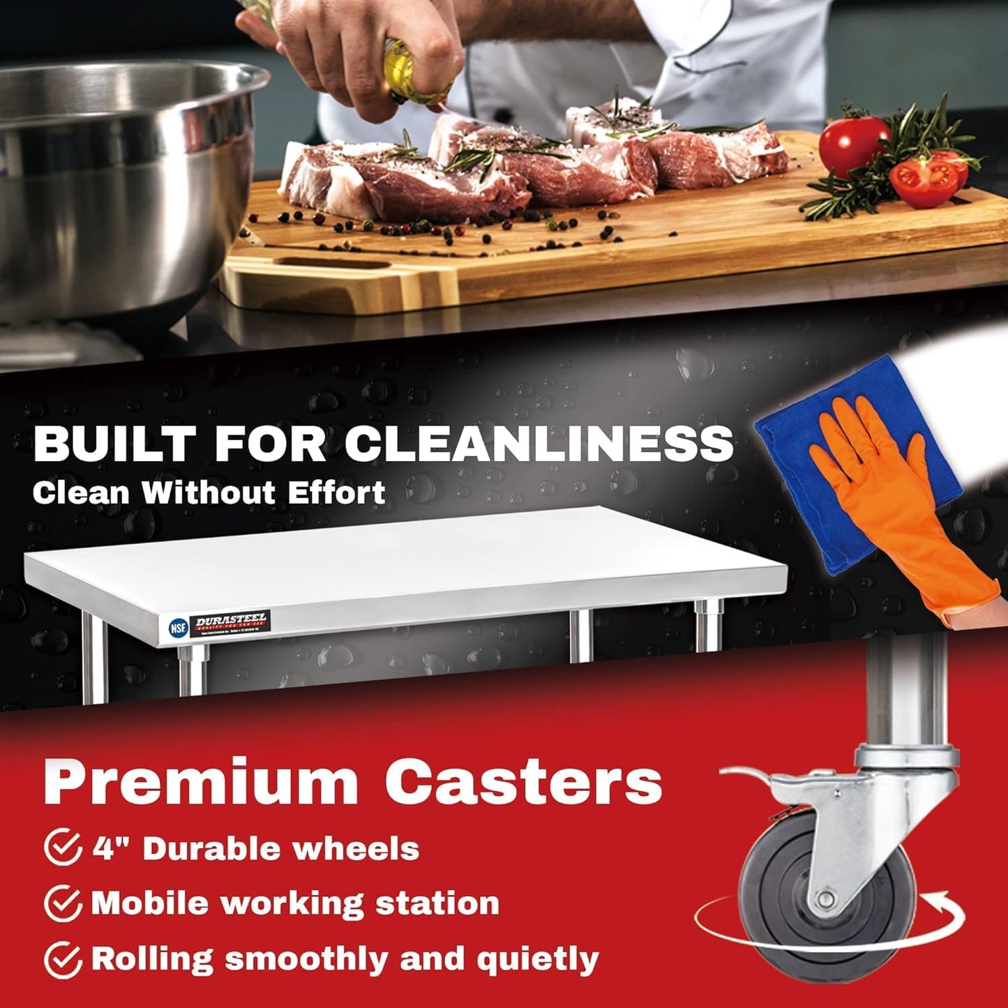 DuraSteel 30x60 NSF Stainless Steel Cart Work Table - Heavy Duty Rolling Food Prep Table Countertop Island - Metal Utility Cart on Wheels Caster, Grill Stand Storage Outdoor Kitchen Tables Bar Top