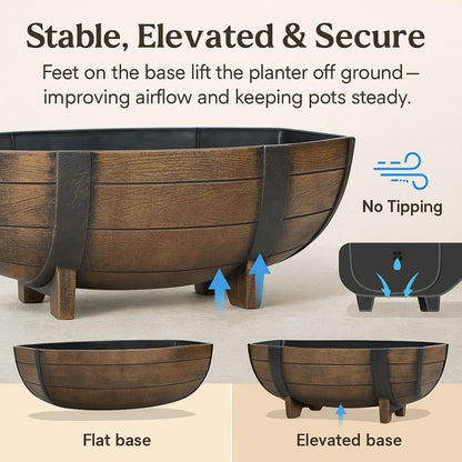 Rustic Half Barrel Planters – Set of 2, Faux Wood Outdoor Flower Pots with Drainage Hole & Feet, Weather-Resistant Polypropylene Garden Containers, 16.25" x 7.5" x 11.75"