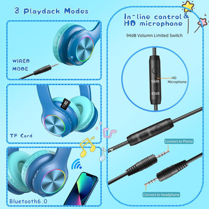 Candy Bila Kids Bluetooth 6.0 Headphones with LED Light, 85Hours Playtimes, Type-C Fast Charging, 85/94dB Volume Limited, Comfort Wireless Headphones with Built-in Mic, Wired & TF Card Mode, Blue