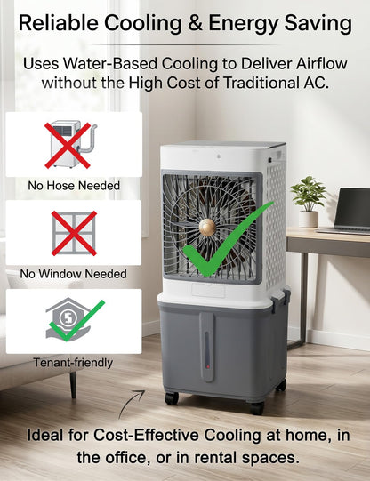 Portable Air Conditioners, Swamp Cooler Evaporative Air Cooler Portable AC Unit for Room, Windowless Cooling Fan That Blow Cold Air with 10GAL Detachable Tank for House Patio Garage Restaurant Outdoor