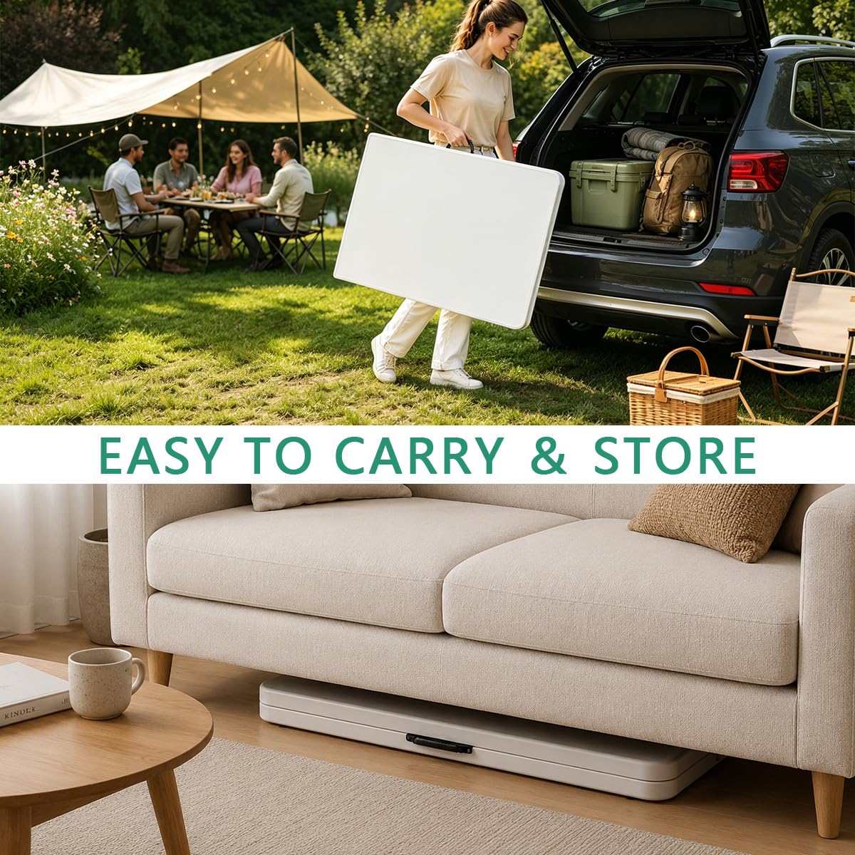 JingPieCle 8ft Folding Table 96 inch, Heavy Duty 8 Foot Portable Plastic Foldable Table with Handle and Fold-in-Half Design, Blow Molded Tabletop for Outdoor, Indoor, Party, Dining and Banquet, White